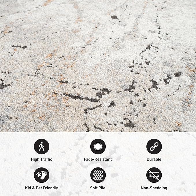 Rugshop Drifted Marble Abstract Area Rug Durable, Kid & Pet Friendly Gray, Ivory, Neutral Tones 5' x 7' Great for Living Rooms, Home Offices, or Breakfast Nooks