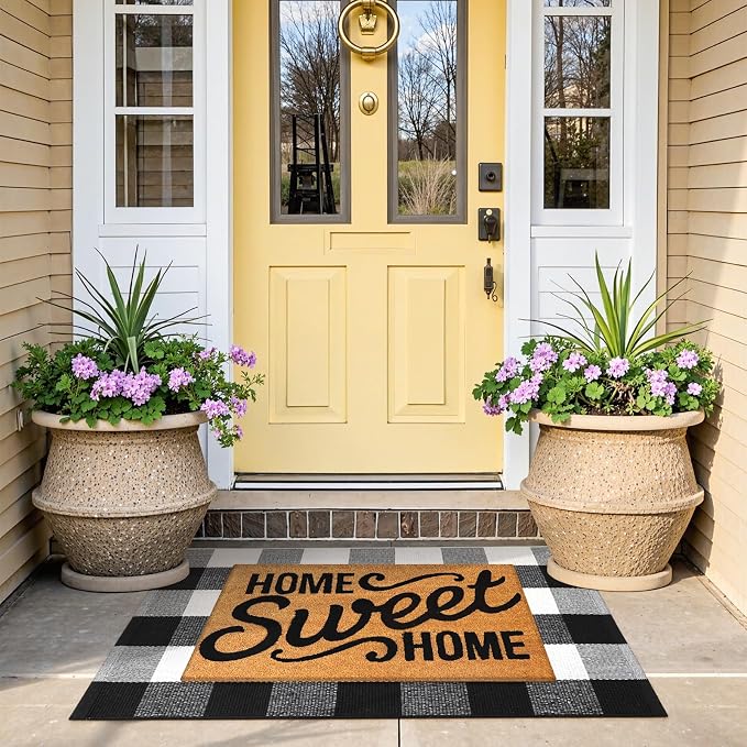 KIMODE Front Door Mat Buffalo Plaid Outdoor Rug 24"x35" Black and White Checkered Rug Farmhouse Front Porch Rug Decor Cotton Woven Washable Layered Doormats for Front Door Outdoor Entrance