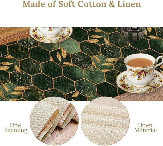 Marble Table Runner,Green Golden Marble Texture Abstract Art Pattern Table Runner for Coffee Table Dining Room Table Bedroom Party Holiday Decor 13x120inch