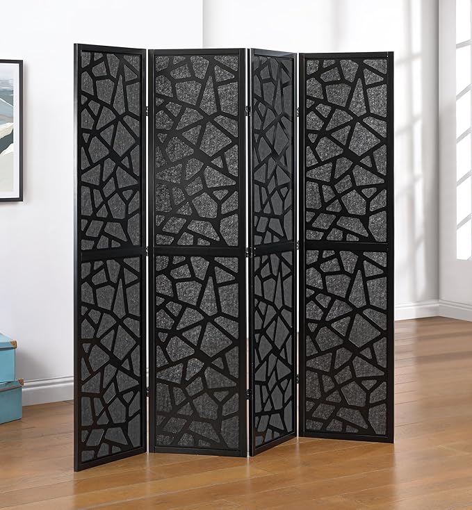 Roundhill Furniture Aurra 4-Panel Wood Room Divider, Folding Portable Partition Screen, Black Screen with Black Frame