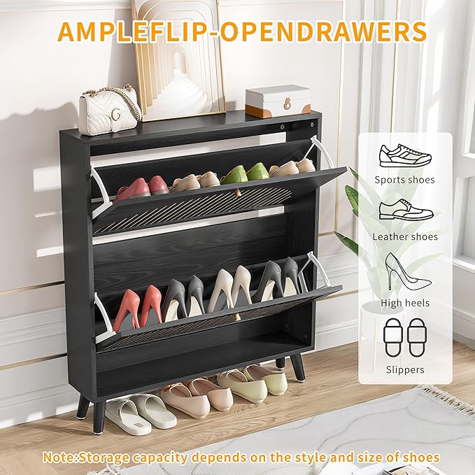 Fsbecl Shoe Storage Cabinet for Entryway with 2 Flip Drawers, Narrow Wood Shoe Cabinet with Fluted Panel, Freestanding Hidden Shoe Organizer for Foyer, Hallway (Black - No Shelf)