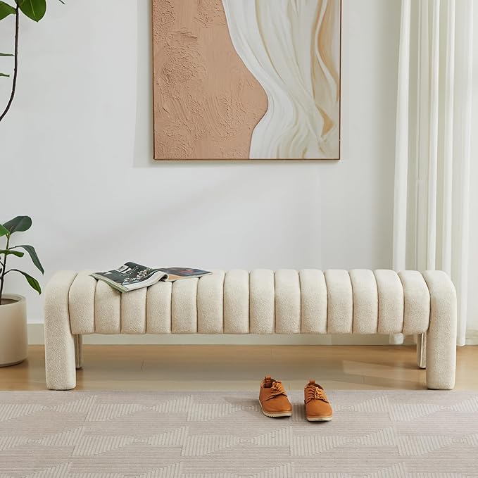 63" Upholstered Bed Bench, Channel Tufted Bench for Entryway, Accent Window Seat for Living Room, Modern Minimalist Ottoman Foot Stool, Linen Beige