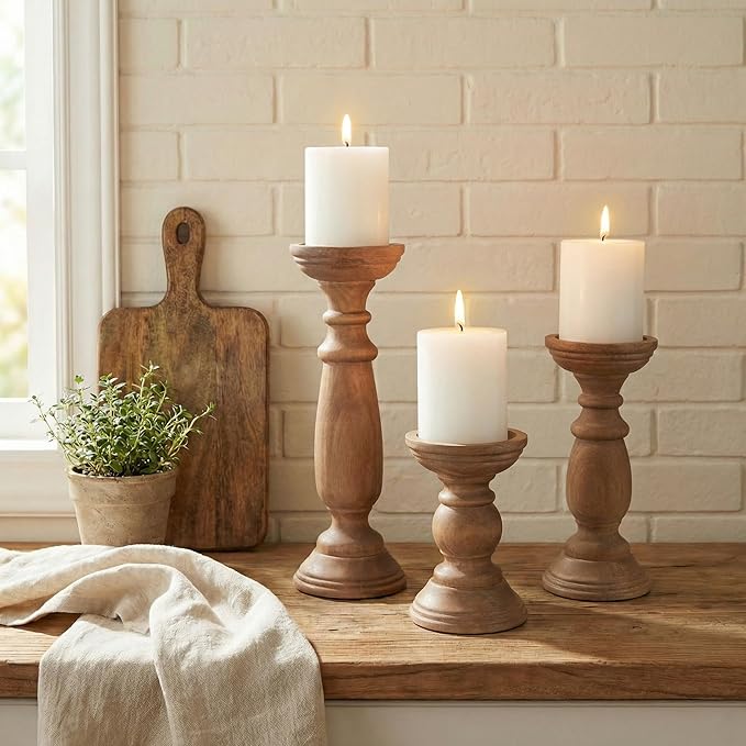 Rustic Wooden Pillar Candle Holders Set of 3, 12'' 9'' 6'' Farmhouse Wood Candle Stand for Table Centerpieces, Vintage Tall Candleholders Fireplace Mantel Decor for Living Room, Brown