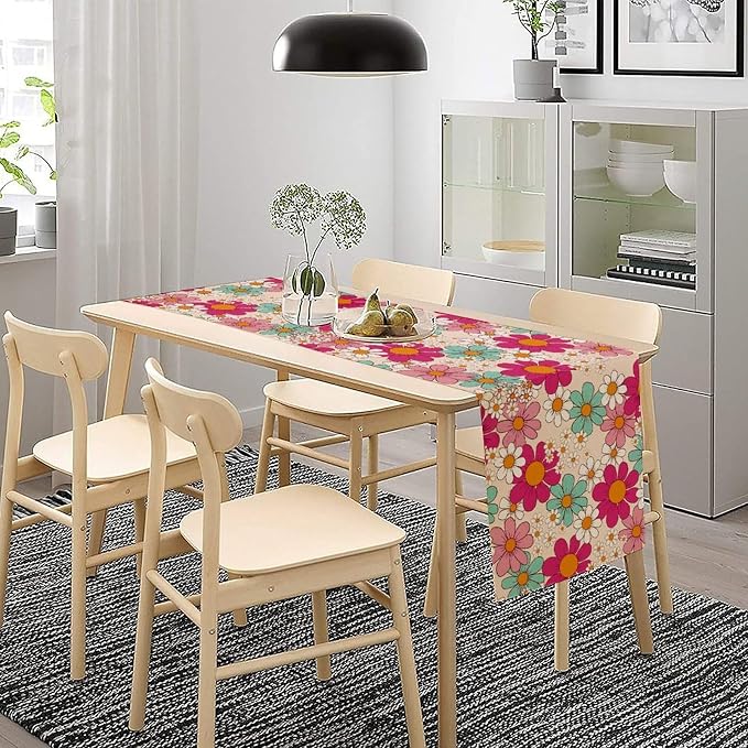 Retro Florals Table Runner Vintage Gardern Flowers Groovy Hippie Seasonal Spring Farmhouse Abstract Country Dinner Runner for Home Kitchen Dining Table Party Holiday Decor 13"x36"