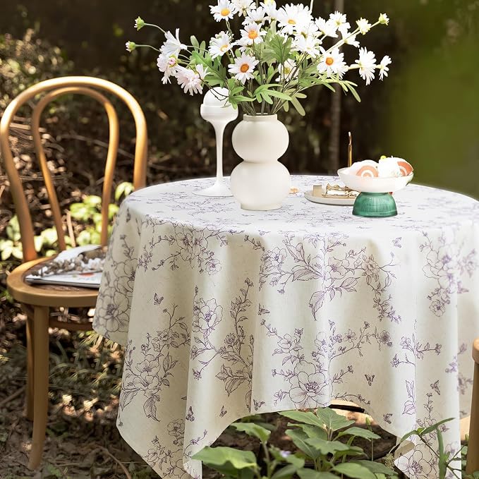 Linen Square Tablecloth 55x55 Inch Floral Table Cloth with Purple Flowers Pattern Burlap Textured Farmhouse French Rustic Vintage Outdoor Table Cover for Picnic,Dining,Party,Home Decor