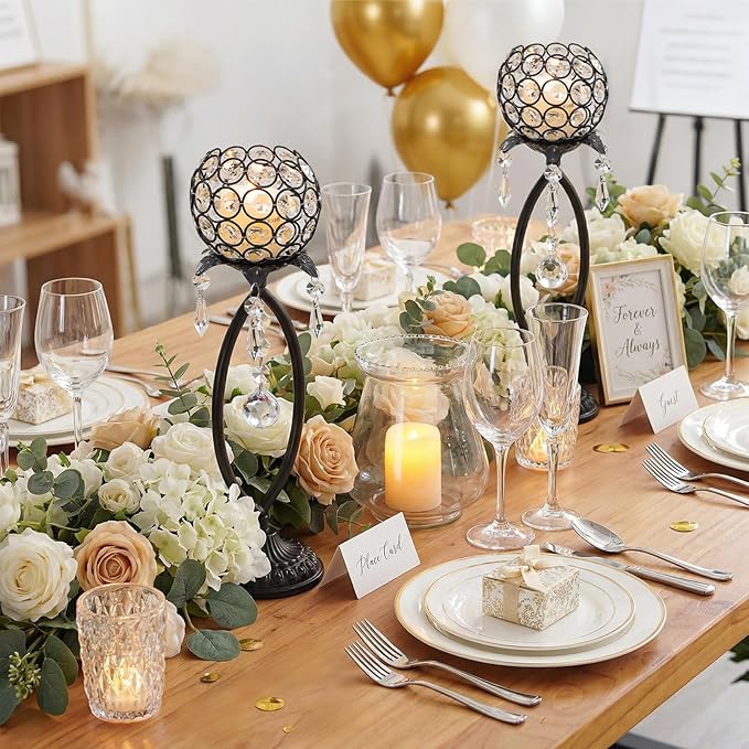 2 Pcs Elegant Metal Crystal Tea Light Candle Holders with Crystal Pendants, Hollow Design - Wedding Table Centerpieces for Anniversary Birthday Party, Home Decor (6, Black)