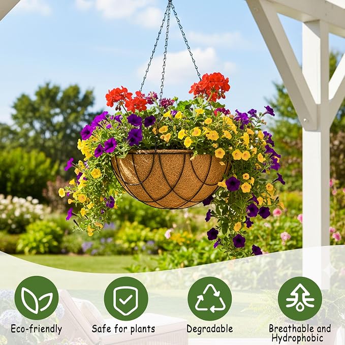 4pcs 14 inch Metal Hanging Baskets Round Wire Plant Stand with Coco Lining Cushion Decorative Planter Hanger Garden Indoor Outdoor Watering Hanging Basket （DQ）