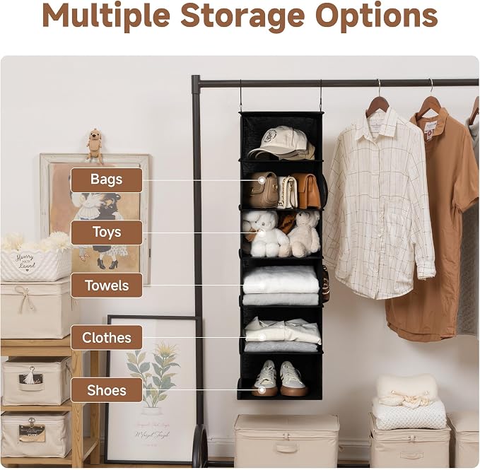 StorageWorks Hanging Closet Organizer, 6-Shelf Hanging Shelves with 2 Hooks, Foldable Space-Saving Design, Closet Organizers and Storage for Bedroom, Dorm, Locker, Black