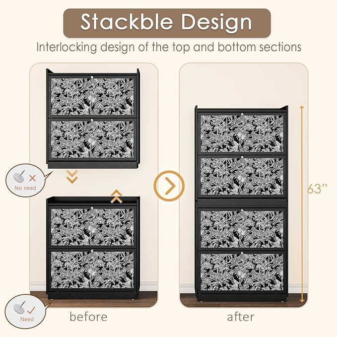 Shoe Storage Cabinet for Entryway with 2 Flip Drawers, Slim Black Shoe Cabinet, Narrow Hidden Wooden Shoe Organizer with Floral Fabric-Inlaid Doors for Hallway, Foyer