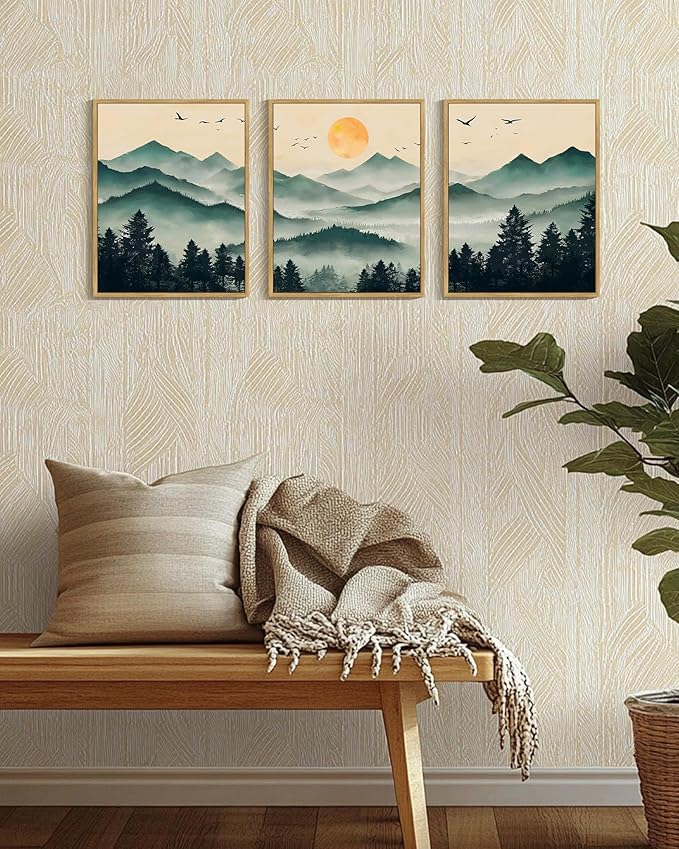 PHOPAGO Mountain Landscape Fog Pine Tree Framed Wall Art Watercolor Nature Misty Forest Artwork Paints Sun Rise Farmhouse Rustic Decor for Kitchen Hallway - 11x14in Natural Framed