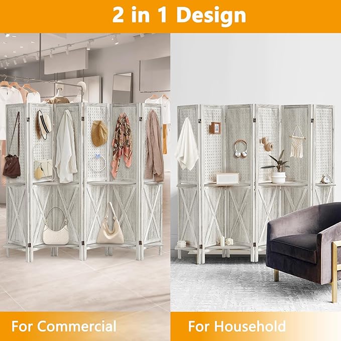 6 Panel Pegboard Display with 24 Hooks, Wooden Pegboard Room Divider Wall with Shelf, Partition Room Dividers and Folding Privacy Screens, Bedroom, Jewelry Store, White
