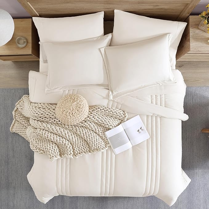 Monbix Full Size Comforter Sets - 7 Pieces White Bed in a Bag Full Size Bedding Sets with Comforters, All Seasons Comforter with Sheets,Pillowcases & Shams