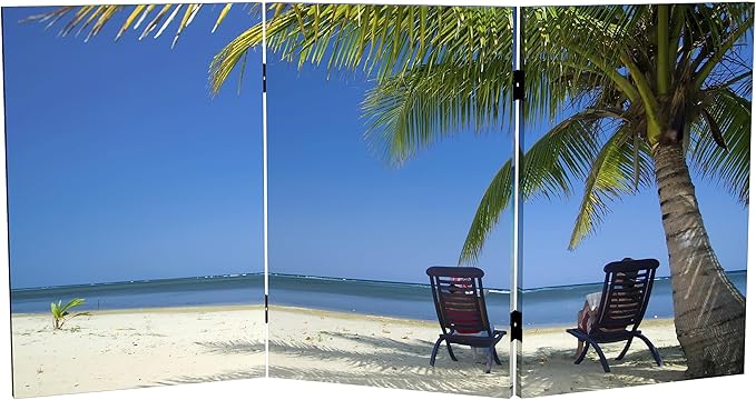 Red Lantern 2 ft. Short Double Sided Beach Canvas Folding Screen 3 Panel Freestanding Partition and Separator for Modern and Contemporary Bedroom, Home Office, Studio, Dorm, Apartment