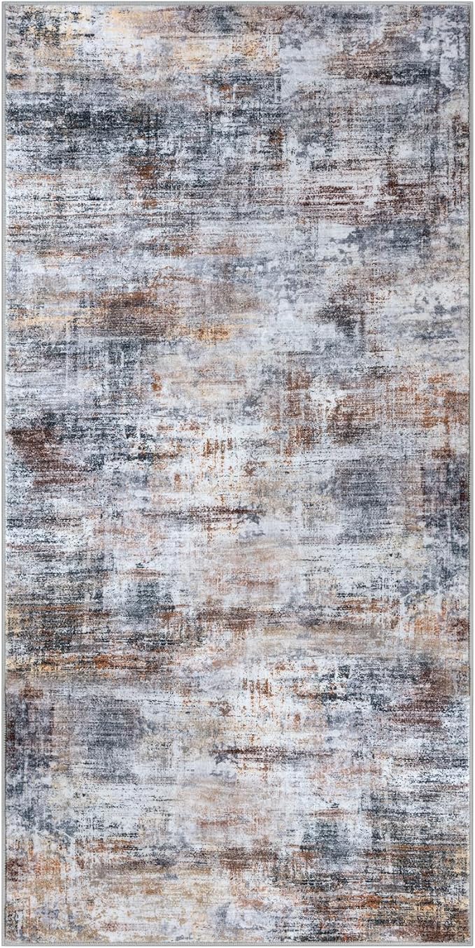 IOHOUZE Abstract Runner Rug 2x4 Ft Entryway Rugs Washable Door Mat Indoor Entrance, Rubber Backed Entryway Runners, Printed Faux Wool Non Slip Floor Carpet for Foyer Front Door Sink, Orange Grey