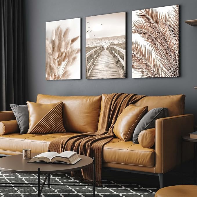 3 Piece Wall Art Framed Canvas Wall Art Neutral Boho Landscape Pictures Wall Decor with Beach Grass and Palm Leaves Design for Living Room Bedroom Bathroom Office Wall Decor with Hooks and Nails 12x16 Inch