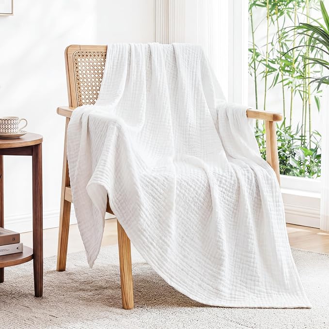 Love's cabin Cooling Muslin Blanket Twin Size, 50% Rayon Derived from Bamboo, 50% Cotton, 4-Layer Lightweight Breathable Summer Gauze Blanket for Bed, Soft for Hot Sleepers and Kids, 60"x80", White