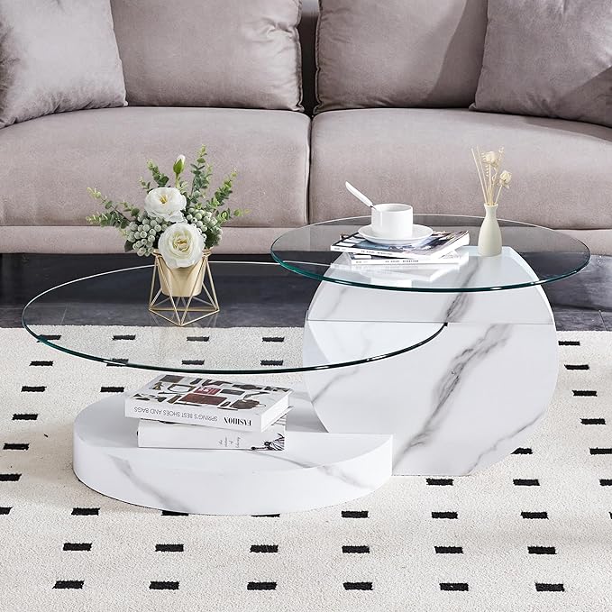 42" Glass Coffee Table, Round Coffee Table, Modern Double Layer Round Glass Coffee Table for Living Room, White