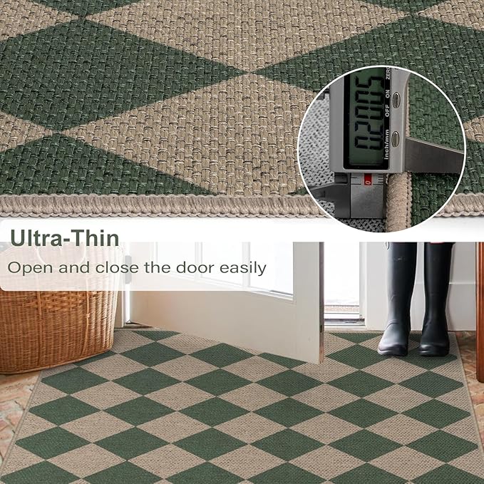 Rugalia Easy Jute Small Outdoor Patio Rug, 3x5 Green Checkered Entryway Rug Washable Modern Diamond Kitchen Rugs, Non-Slip Neutral Farmhouse Throw Carpet for Living Room Porch Backyard
