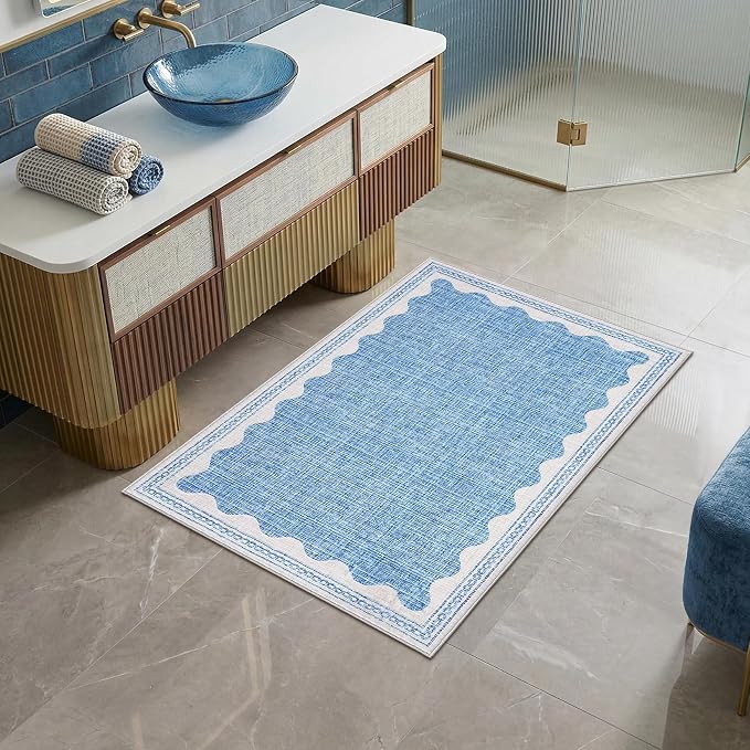 GarveeHome Door Mat Indoor Rugs for Entryway Small Throw Rug 2x3 Washable Non-Slip Solid Blue Modern Minimalism Soft Low-Pile Scalloped Carpet for Bedroom Kitchen Bath Entrance with Rubber Back