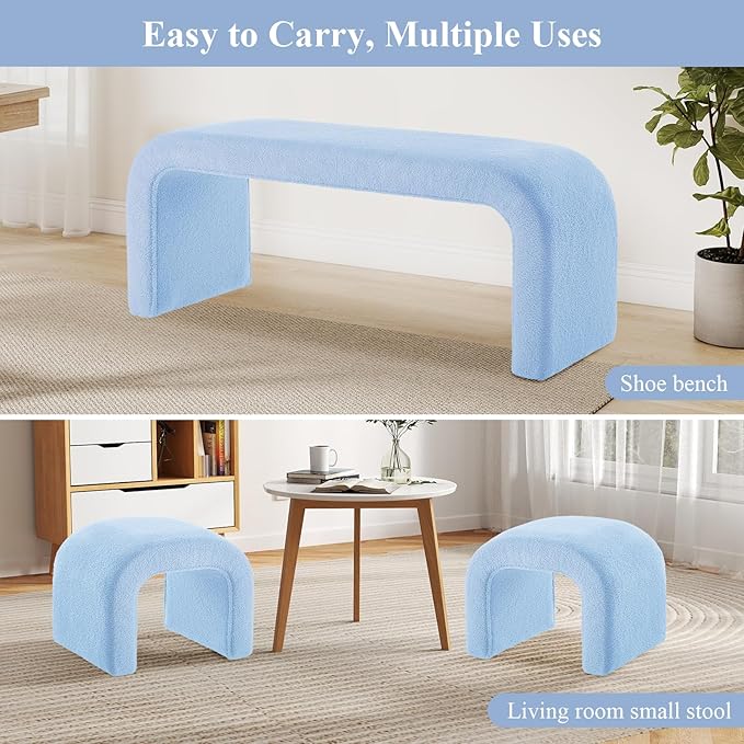 3-Piece Modern Ottoman Bench Set, 44" Wide Teddy Upholstered End of Bed Bench with 2 Foot Stools, Padded U-Shaped Entry Bench Vanity Stool for Living Room Bedroom (Light Blue)