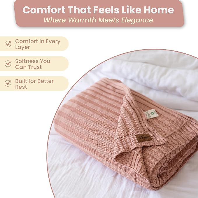 Dalisa 100% Organic Cotton Knit Blanket Denise, Soft and Lightweight, Breathable All-Season Throw for Sofa, or Lounge Area -GOTS Certified-Perfect for Home and Bedroom Styling (Light Rose, 50x60)