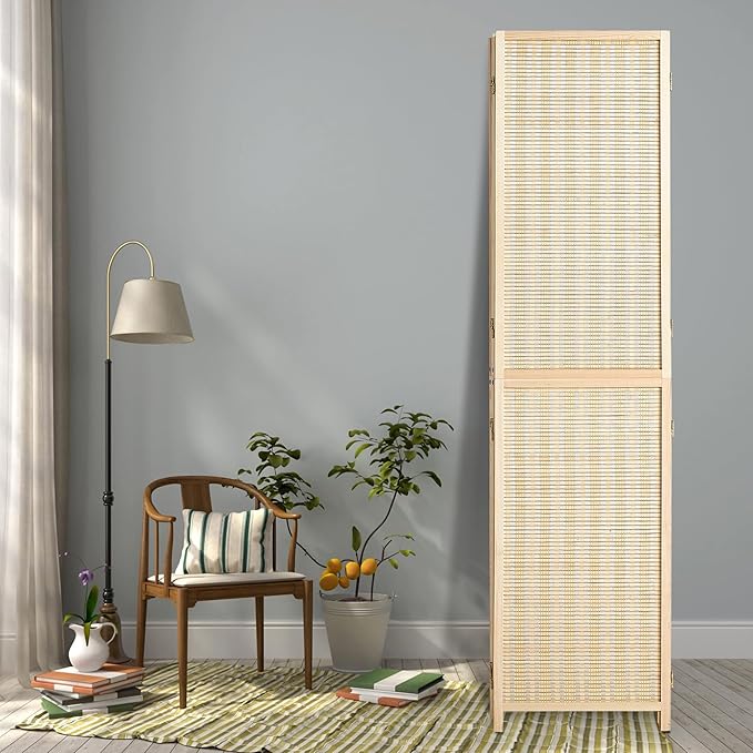 Duraspace 6 Panel Bamboo Room Divider, 5.6ft Tall Folding Privacy Screen for Room Separation and Portable Freestanding Wall Partition, Sturdy Double Hinge Folding Screen