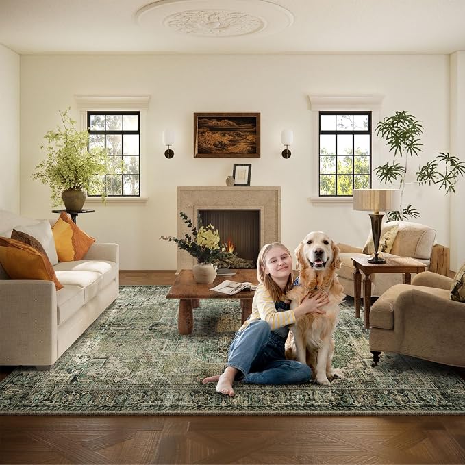 9x12 Area Rugs for Living Room: Washable Bedroom Rug Boho Vintage Rugs Stain Resistant Non Slip Low Pile Soft Lightweight Carpet for Kitchen Dining Room Farmhouse Nursery Kids Room