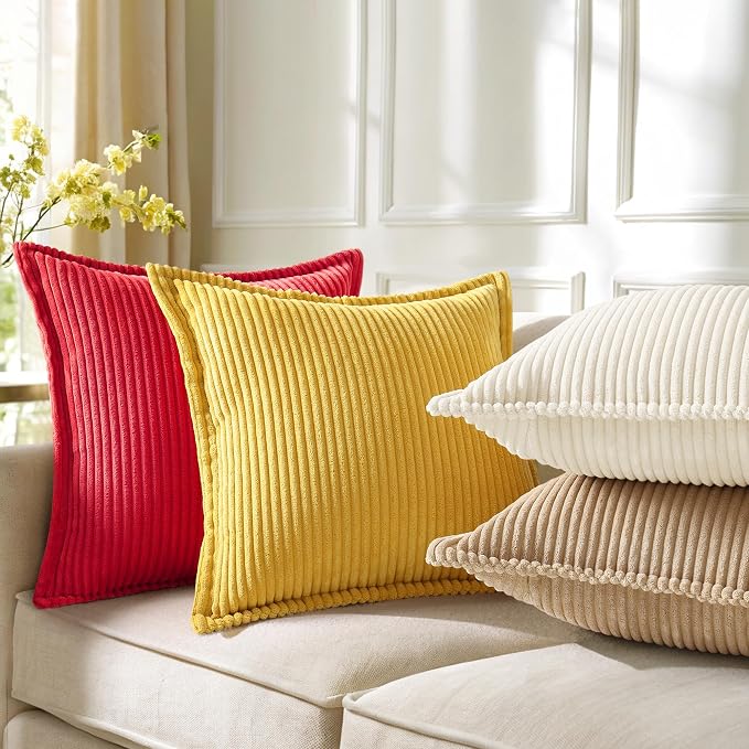 decorUhome Summer Corduroy Red Throw Pillow Covers 18x18 Set of 2 Decorative Soft Boho Farmhouse Couch Pillow Covers for Living Room Bed Sofa Broadside Striped Pillow Cases