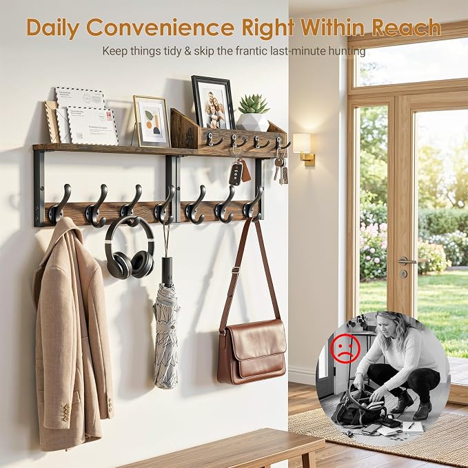 Lewondr Coat Rack Wall Mount with Shelf, 29" Entryway Wall Mounted Shelf with 7 Dual Hooks 4 Key Hooks, Entryway Floating Coat Rack with Mail Holder for Living Room, Bedroom, Vintage Brown