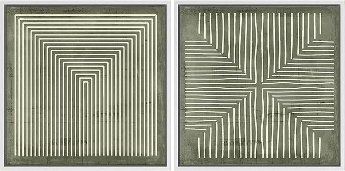 SIGNFORD Framed Canvas Print Wall Art Set Green and White Geometric Maze Illustrations Modern Art Minimal Relax/Calm for Living Room, Bedroom, Office - 16"x16"x2 White