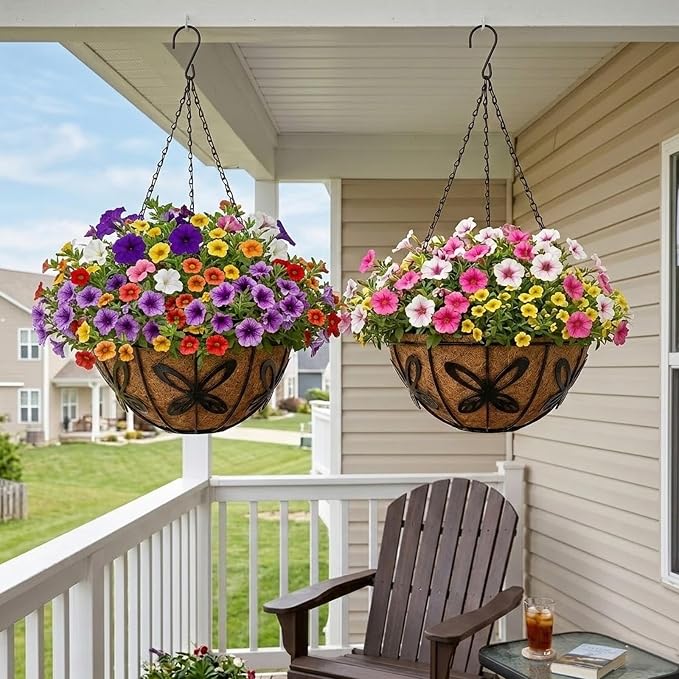 2 Pack Hanging Baskets for Plants Outdoor 12 Inch Butterfly Metal Hanging Planters with Coco Coir Liner, Round Hanging Flower Basket for Home Garden Patio Balcony Porch