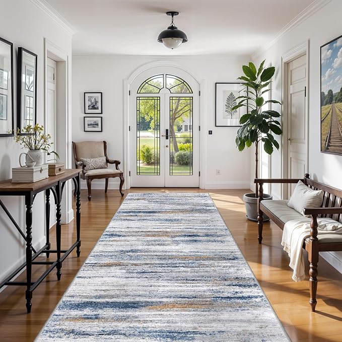 4x8 Wide Washable Runner Rug: Easy-to-Clean Runners for Hallway Entryway Kitchen Bedroom Living Room - Stain and Water Resistant Rugs with Non-Slip Backing - Soft Low-Pile Carpet Navy Grey