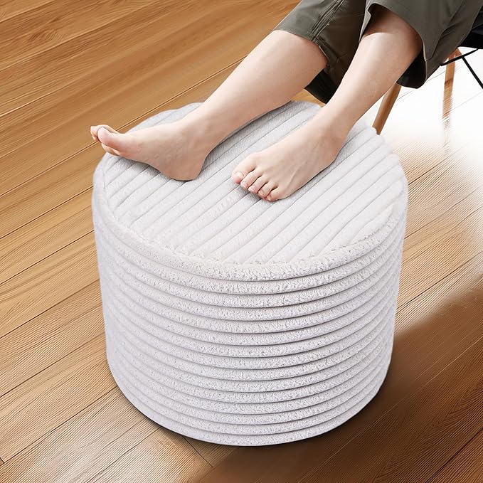 Round Pouf Ottoman, Stuffed Floor Pouf with Foam Chunk Filling, Soft Coral Fleece Furry Foot Rest Stool, Multi-Use Ottoman for Living Room, Wide Stripe Boho Decor, White