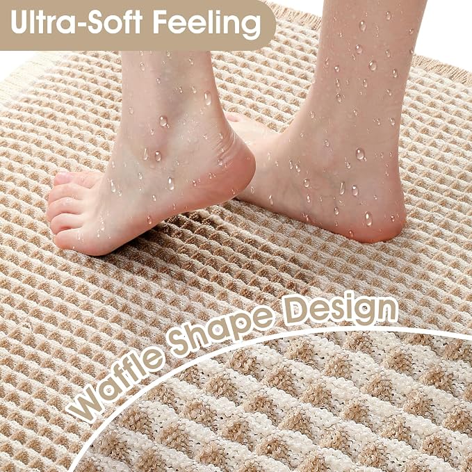 Upgrade Waffle Bath Mat, Boho Bathroom Rugs Absorbent Non Slip, Ultra Soft Bathroom Mat, Machine Washable Knit Bath Rugs with Stripe for Bathroom, Bedroom, Kitchen, Shower,Tub, 32"x20", Beige & White