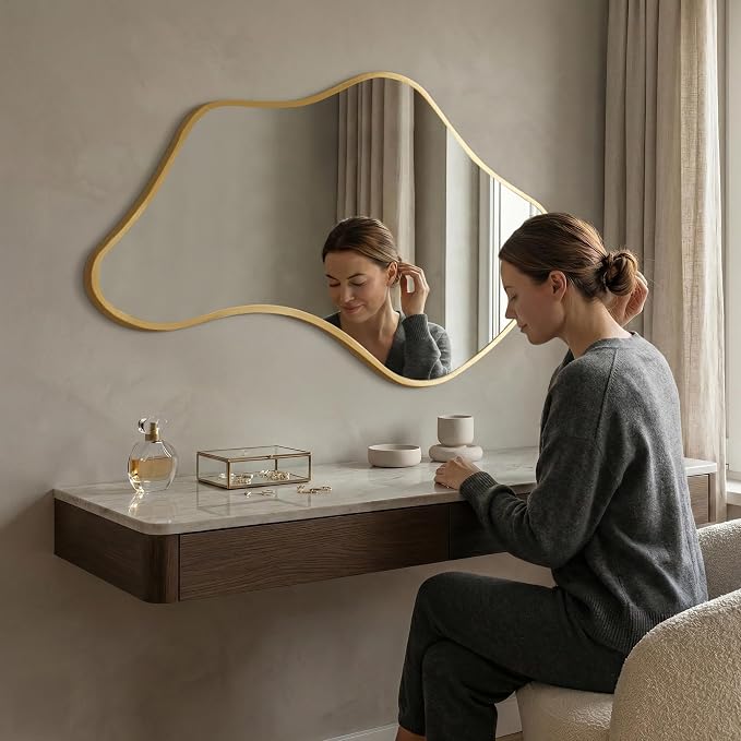 Asymmetrical Wall Mirror, Irregular Shaped Frameless Vanity Mirror, Modern Decorative Mirror for Entryway, Living Room, Bathroom (Gold, 43" L x 26" W)