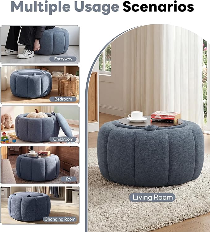 Tbfit Round Storage Ottoman - No Assembly Required, Storage & Sturdy Structure Multi-Functional Seat/Footrest for Living Room, Bedroom & Kids Room Soft Fabric for Family Home Use