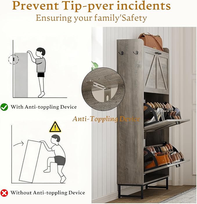 Wodeer Shoe Cabinet Storage for Entryway, Shoe Storage Cabinet with 3 Flip Drawers, Freestanding Narrow Shoe Rack Organizer with Metal Legs & Side Hook for Foyer, Hallway, Grey