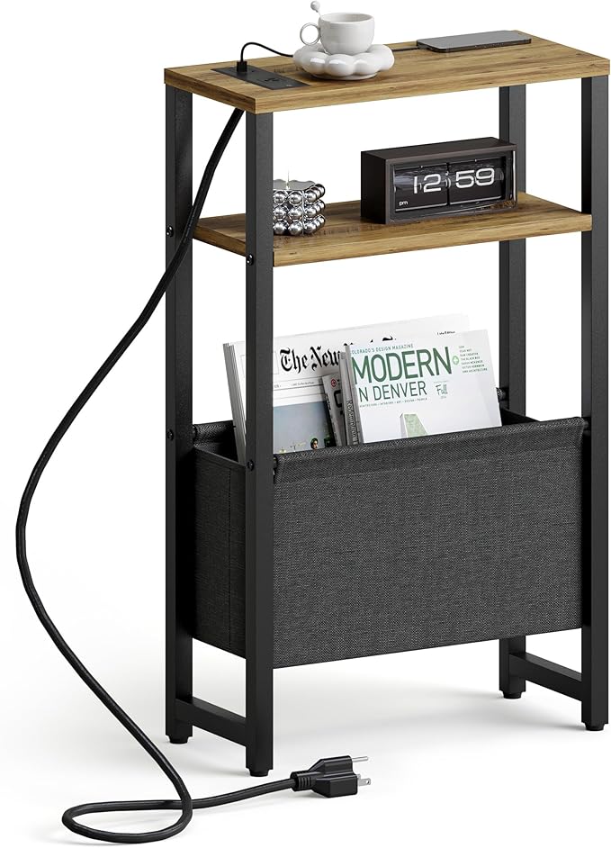 Narrow Side Table with Charging Station, Slim End Table with Magazine Rack, Bedside Table for Small Spaces, 3 Tier Sofa Couch Table Nightstand for Living Room, Bedroom, Black LET503BE