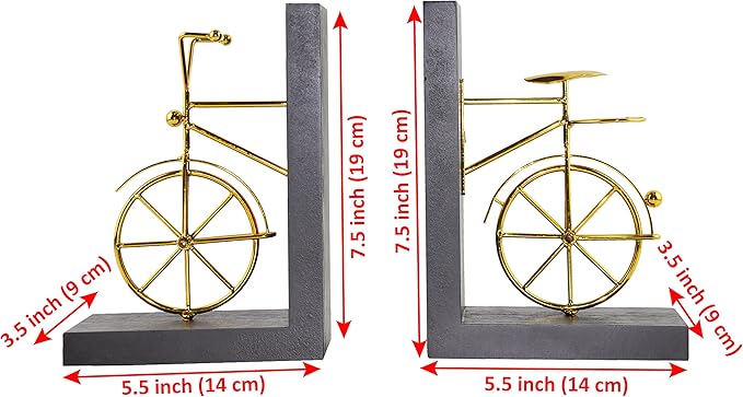Bicycle Bookend Supports, Decorative Book Stoppers with Non-Skid Bottom, Handcrafted Distressed Wood & Metal Book Stand, Display for Bookshelf Office Desktop, 1-Pair, Golden & Brown