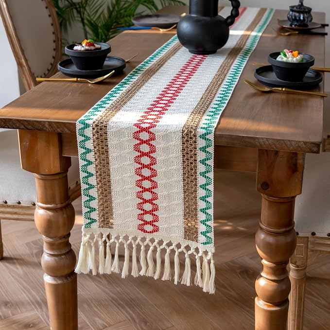 EMMTEEY Bohemian Table Runner Cotton Linen - Macrame Craft for Dining Table/Dressing Table, Fringe Trim, Heat Resistant, Wrinkle Free (12"X72", Colorful)