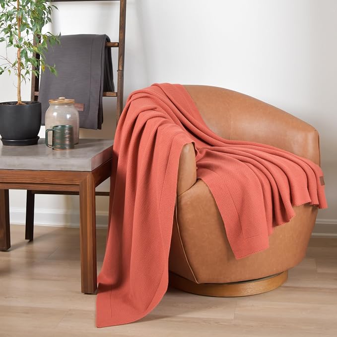 100% Cotton Knitted Throw Blanket – Oeko-TEX® Certified, Breathable & Soft, 50" x 60" – Substantial All-Season Blanket for Couch, Bed, Home Décor and Gifting - 2 lb (Rust Orange)