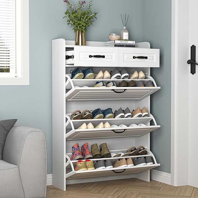 Large Shoe Cabinet for Entryway, Slim Hidden Shoe Storage Cabinet with 3 Flip Drawers and 2 Top Drawers,Shoe Rack Organizer Cabinet for Hallway, White