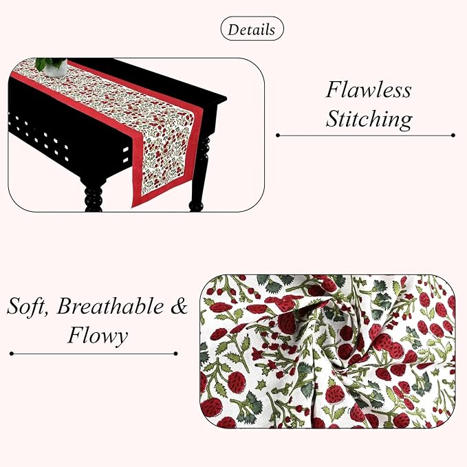 Ridhi Garnet Red Hand Block Print 100% Cotton Reusable Table Runner 16" X 90" Inches Table Runner Decorative Everyday Use for Dining, Home Gift for Spring, Easter, Valentine