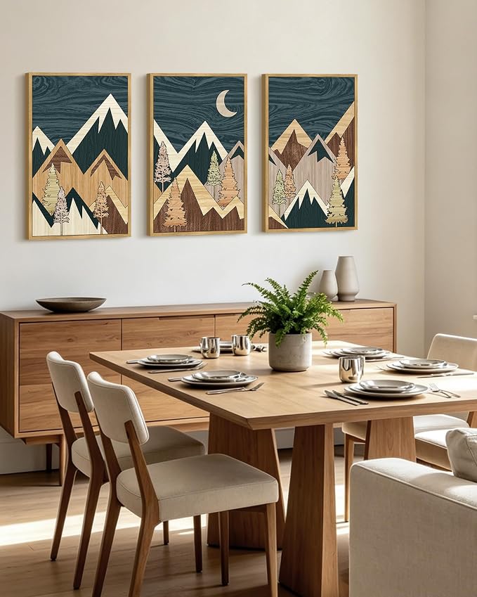 PHOPAGO Blue Morden Mountains Framed Wall Art 16x24in Boho Woodcut Pine Tree Forest Nature Landscape Artwork Farmhouse Rustic Home Decor - Natural Framed