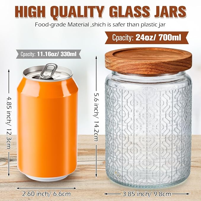 Sumind 6 Pcs Vintage Glass Jars with Wooden Lids 24 oz Airtight Glass Food Storage Containers Sets Clear Rustic Canisters Decorative Storage Jars for Spice Coffee Tea Candy Cereal Flour (Floral)