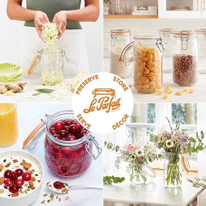 Le Parfait Super Jar 750mL (24oz) French Glass Preserving Jar w/Airtight Rubber Seal & Wire Bail Closure - BPA-Free Canning Jar for Pickles, Fruit, Sauce & Food Storage - Made in France Since 1930 1PK