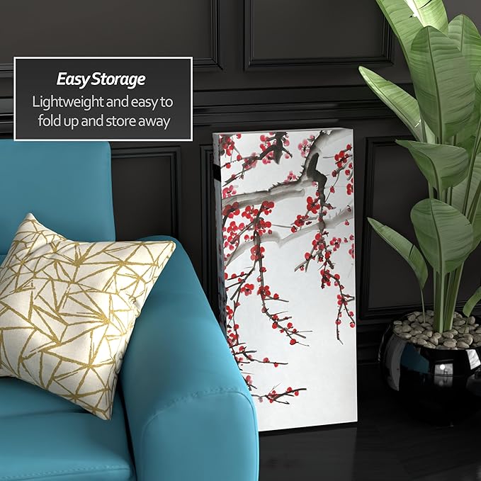 Red Lantern 3 ft. Short Double Sided Plum Blossom Canvas Room Divider 4 Panel Freestanding Folding Privacy Screen Partition and Separator for Modern and Contemporary Bedroom Home Office Studio Dorm