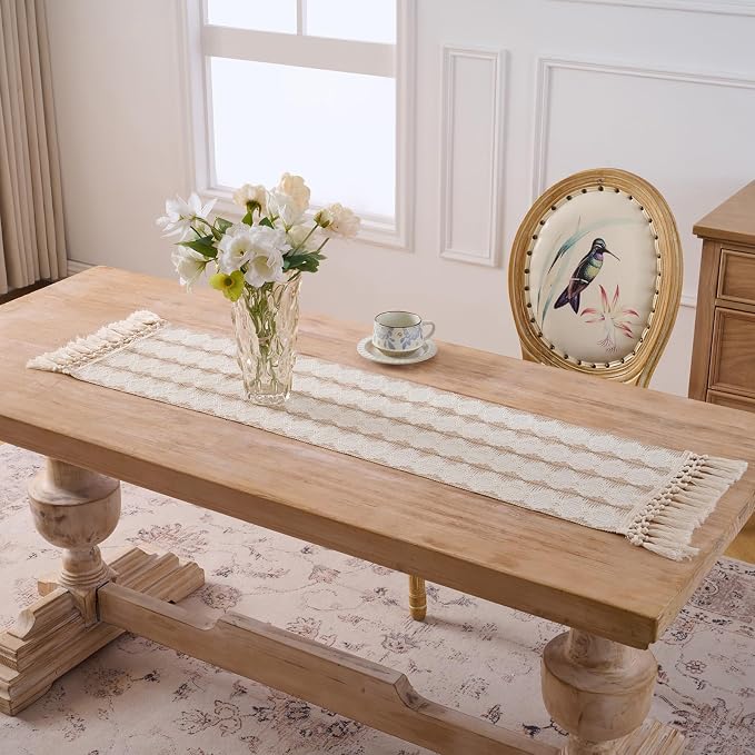 Fancy Homi Tan Boho Cotton Polyester Table Runner 48 Inches Long, Farmhouse Macrame Table Runners with Tassels for Home Party Bohemian Rustic Bridal Shower Kitchen Dining Decor 12x48 Inches
