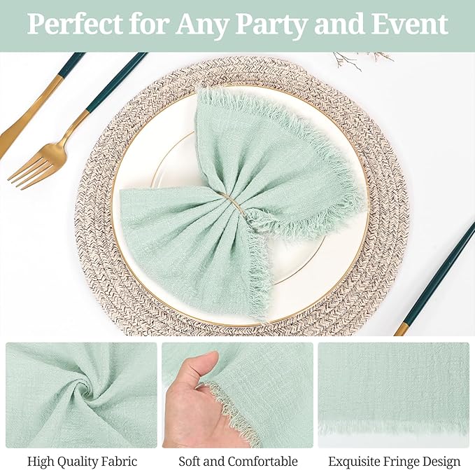 50 Pack Sage Green Handmade Cloth Napkins 16 x 16 Inch Cotton Linen Napkins with Fringe, Washable and Reusable Napkins, Soft Rustic Boho Fringe Cloth Napkins for Dinners,Parties, Wedding