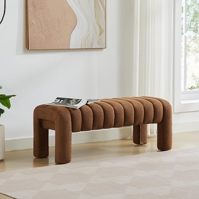 43" Upholstered Boucle Bench Bedroom, Padded Ottoman Bench, Sherpa Window Seat for Living Room Entryway End of Bed, Rust Brown